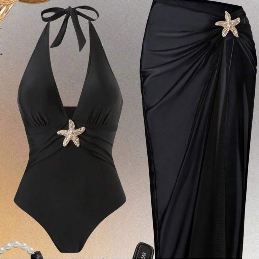 SHEIN- Black Halter Swimsuit with Starfish Accent and sarong